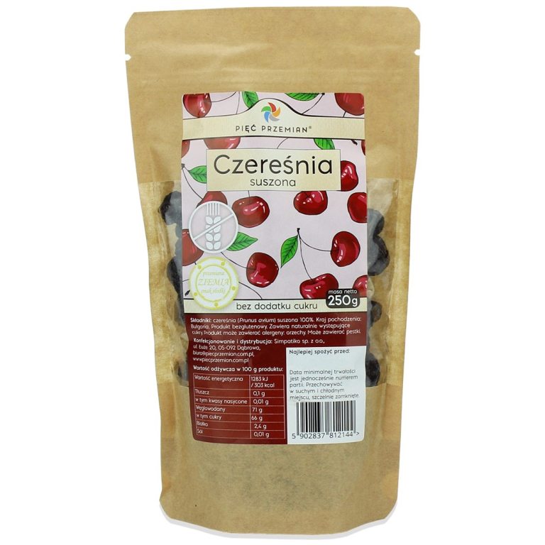 CZEREŚNIA SUSZONA BEZ DODATKU CUKRÓW BEZGLUTENOWA 250 g - PIĘĆ PRZEMIAN