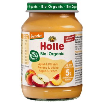 JABŁKO - BRZOSKWINIA BEZ DODATKU CUKRÓW BEZGLUTENOWE OD 5 MIESIĄCA DEMETER BIO 190 g (SŁOIK) - HOLLE