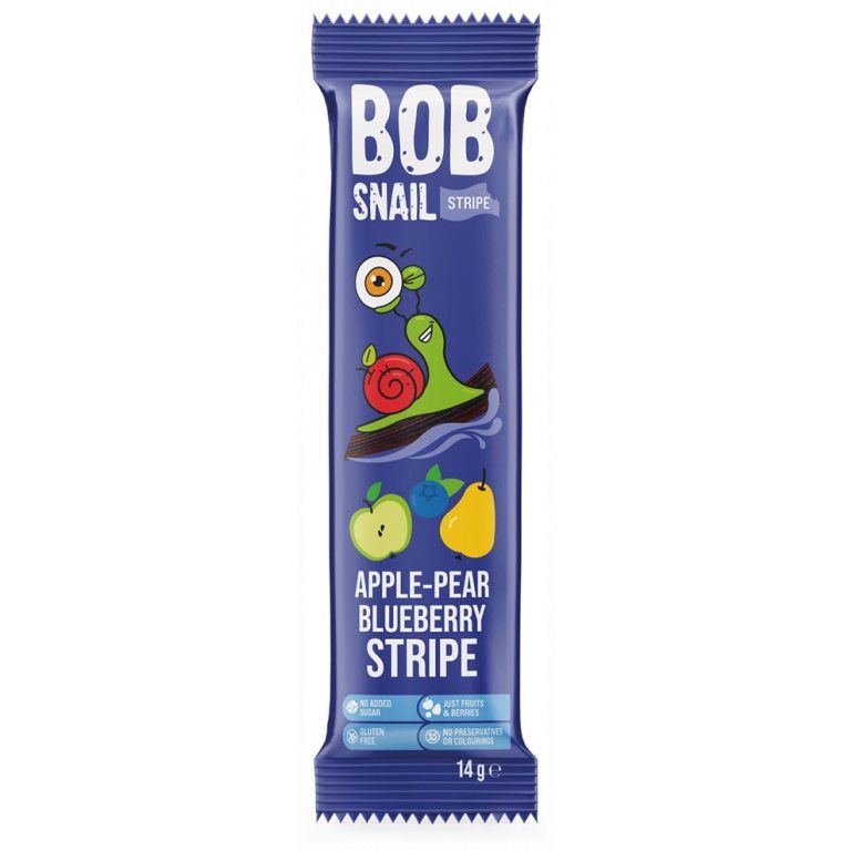 PRZEKĄSKA STRIPE JABŁKO - GRUSZKA - BORÓWKA BEZ DODATKU CUKRU BEZGLUTENOWA 14 g - BOB SNAIL