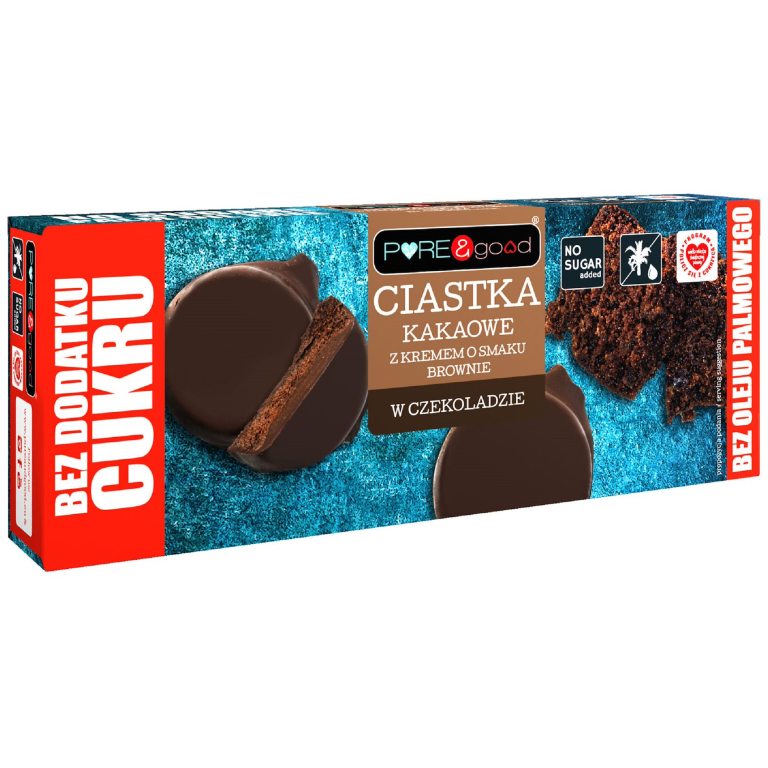 CIASTKA KAKAOWE Z KREMEM O SMAKU BROWNIE W CZEKOLADZIE DESEROWEJ BEZ DODATKU CUKRÓW 128 g - PURE&GOOD