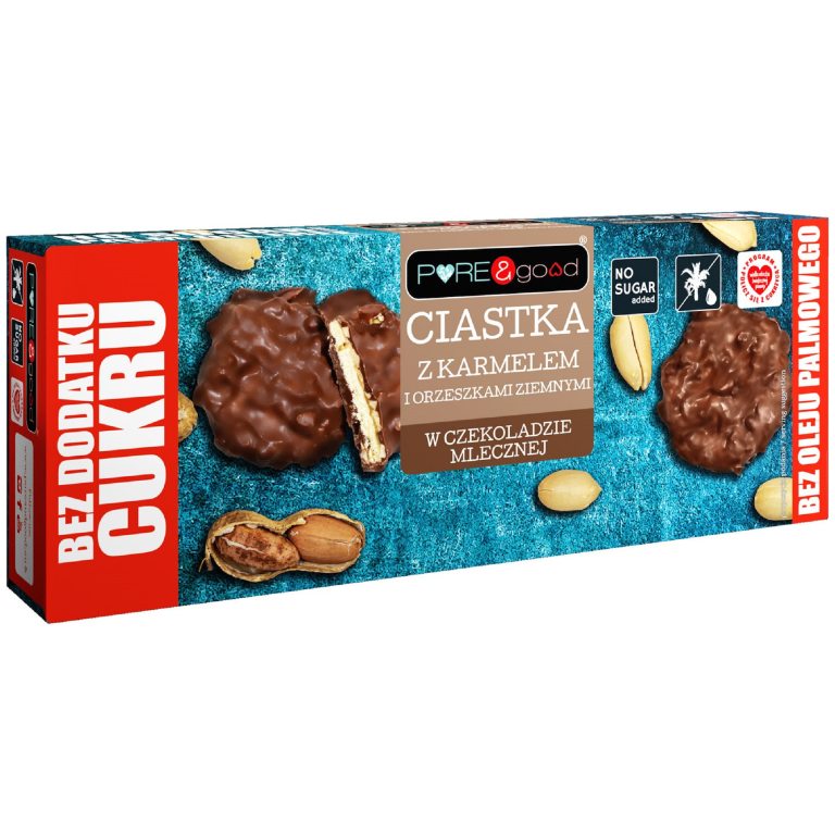 CIASTKA Z KARMELEM I ORZESZKAMI ZIEMNYMI W CZEKOLADZIE MLECZNEJ BEZ DODATKU CUKRÓW 128 g - PURE&GOOD