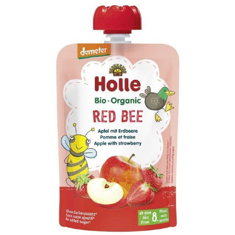 MUS CZERWONA PSZCZOŁA (JABŁKO - TRUSKAWKA) BEZ DODATKU CUKRÓW OD 8 MIESIĄCA DEMETER BIO 100 g - HOLLE