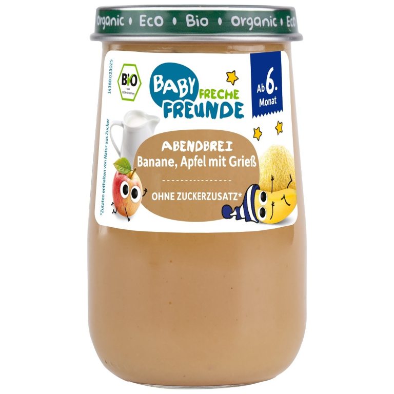 MUS MLECZNY BANAN - SEMOLINA - JABŁKO BEZ DODATKU CUKRÓW OD 6 MIESIĄCA BIO 190 g - FRECHE FREUNDE