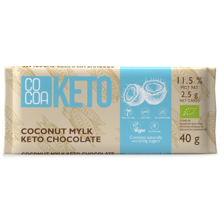 CZEKOLADA KOKOSOWA Z OLEJEM MCT BEZ DODATKU CUKRÓW BEZGLUTENOWA KETO BIO 40 g - COCOA