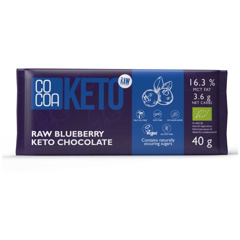 CZEKOLADA Z JAGODAMI I OLEJEM MCT BEZ DODATKU CUKRÓW BEZGLUTENOWA KETO BIO 40 g - COCOA