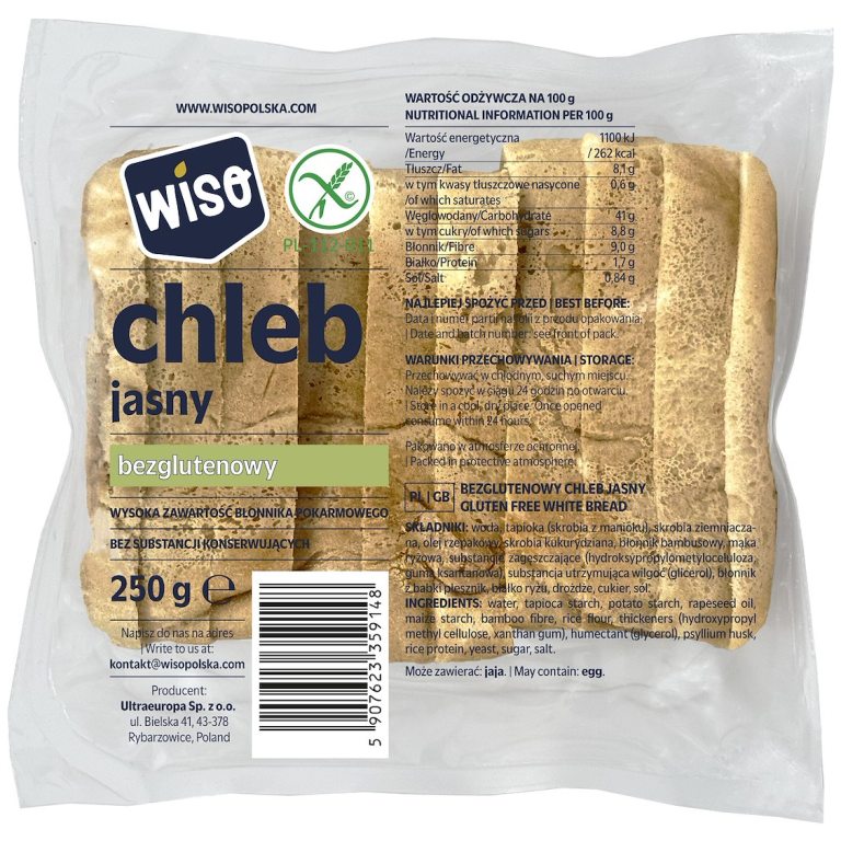 CHLEB JASNY KROJONY BEZGLUTENOWY 250 g - WISO