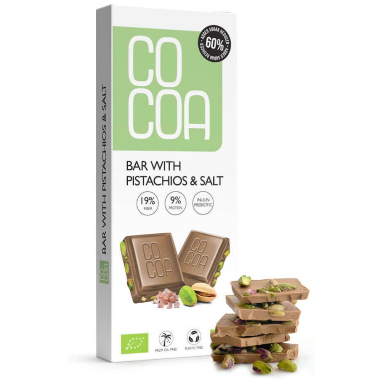 TABLICZKA Z PISTACJAMI I SOLĄ 60 % MNIEJ CUKRU BIO 40 g - COCOA