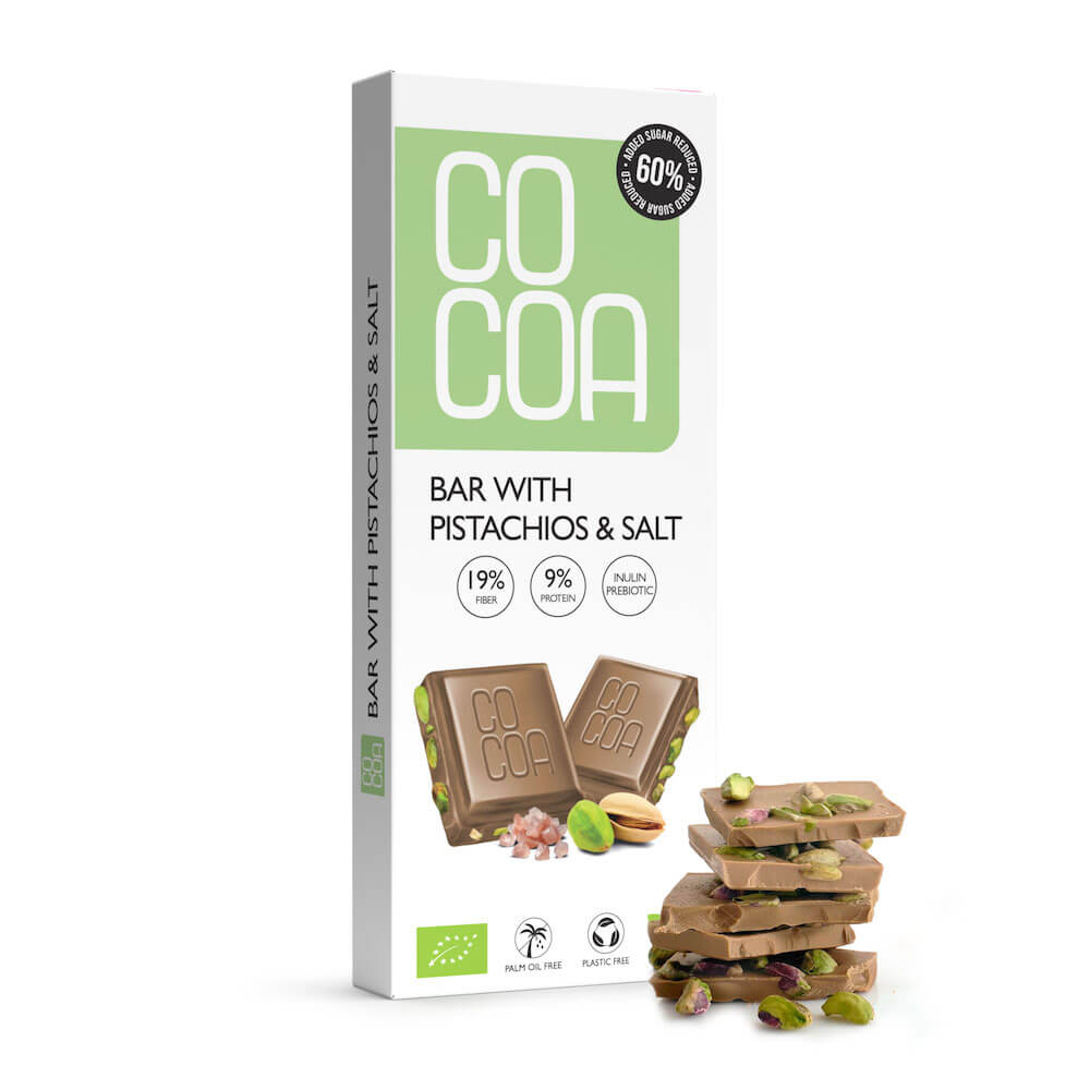 TABLICZKA Z PISTACJAMI I SOLĄ 60 % MNIEJ CUKRU BIO 40 g - COCOA