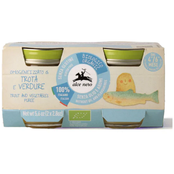 MIĘSO PSTRĄGA Z WARZYWAMI BEZGLUTENOWE OD 4 MIESIĄCA BIO (2 x 80 g) 160 g - ALCE NERO