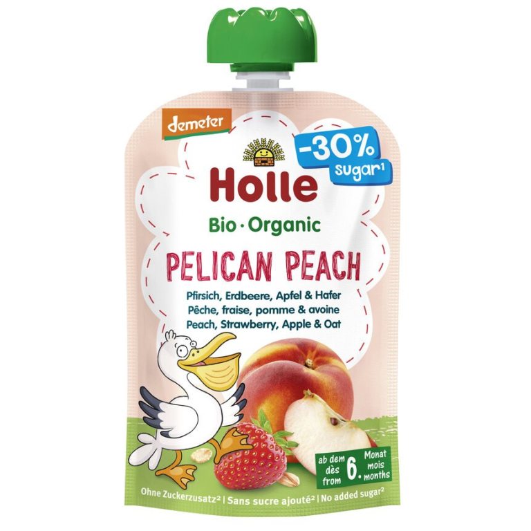 MUS BRZOSKWINIOWY PELIKAN (BRZOSKWINIA - TRUSKAWKA - JABŁKO - OWIES) BEZ DODATKU CUKRÓW BEZGLUTENOWY OD 6 MIESIĄCA DEMETER BIO 100 g - HOLLE