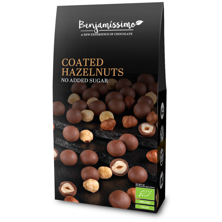 ORZECHY LASKOWE W CZEKOLADZIE PRALINOWEJ BEZ DODATKU CUKRÓW BEZGLUTENOWE BIO 60 g - BENJAMISSIMO