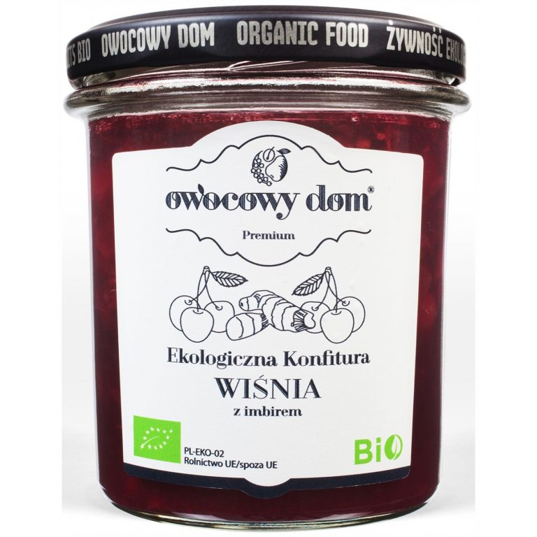 KONFITURA WIŚNIA Z IMBIREM O OBNIŻONEJ ZAWARTOŚCI CUKRU BEZGLUTENOWA BIO 300 g - OWOCOWY DOM