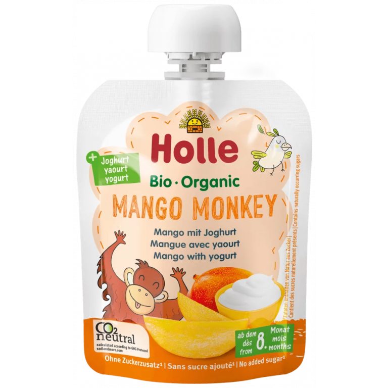 MUS W TUBCE MANGO MAŁPKA (MANGO - JOGURT) BEZ DODATKU CUKRÓW OD 8 MIESIĄCA BIO 85 g - HOLLE