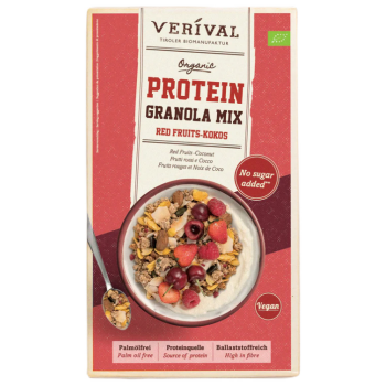 GRANOLA PROTEINOWA Z OWOCAMI CZERWONYMI I KOKOSEM BEZ DODATKU CUKRÓW BIO 300 g - VERIVAL