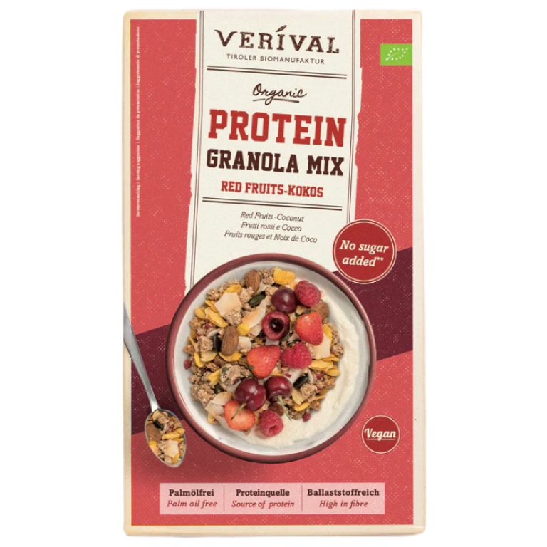 GRANOLA PROTEINOWA Z OWOCAMI CZERWONYMI I KOKOSEM BEZ DODATKU CUKRÓW BIO 300 g - VERIVAL