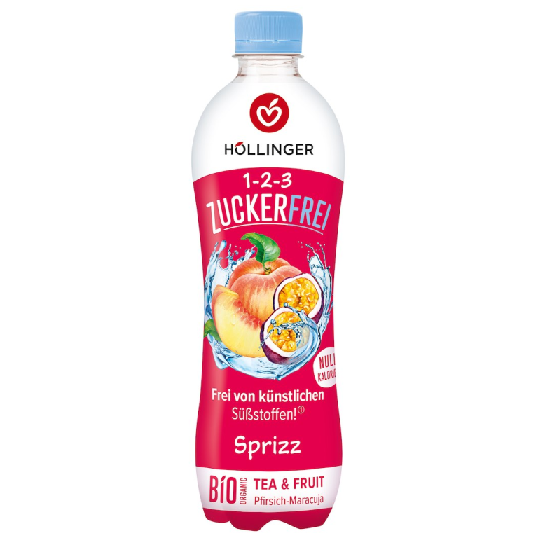 NAPÓJ GAZOWANY O SMAKU BRZOSKWINIA - MARAKUJA BEZ CUKRU BIO 500 ml - HOLLINGER