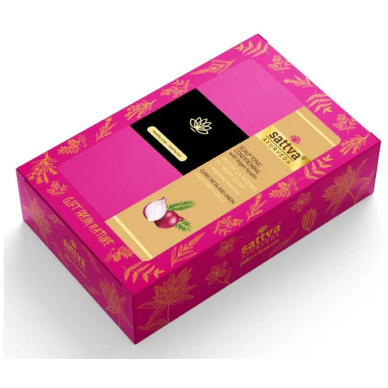 ZESTAW PREZENTOWY WCIERKA ODŻYWCZA Z WEGAŃSKA KERATYNĄ + SZCZOTKA DO MASAŻU GŁOWY - SATTVA (AYURVEDA)