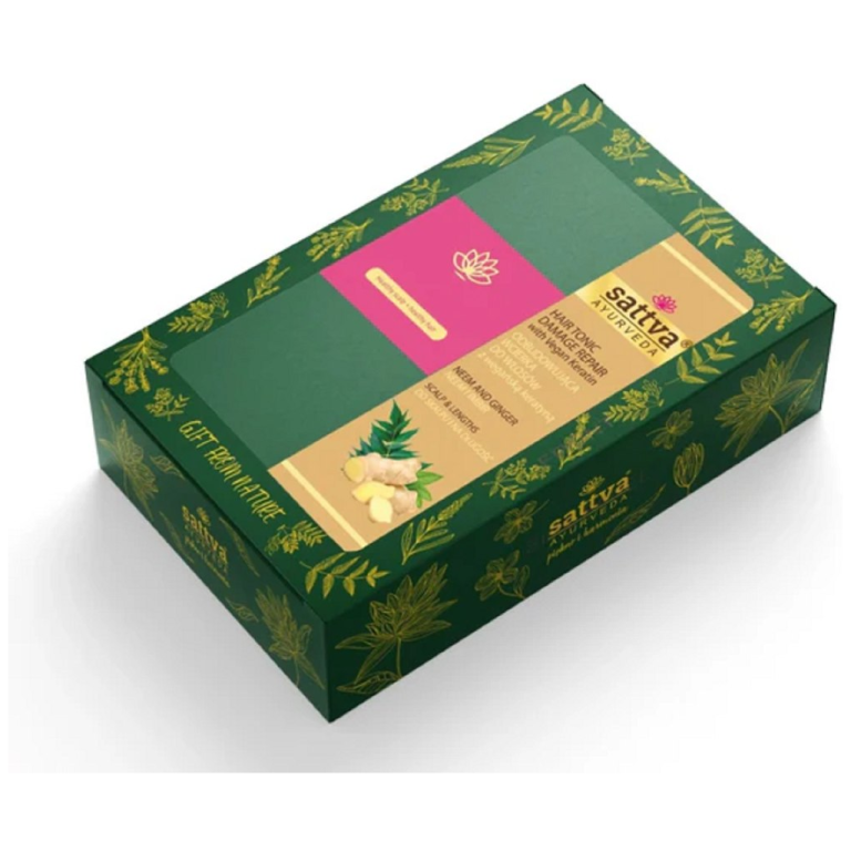 ZESTAW PREZENTOWY WCIERKA ODBUDOWUJĄCA Z WEGAŃSKA KERATYNĄ + SZCZOTKA DO MASAŻU GŁOWY - SATTVA (AYURVEDA)