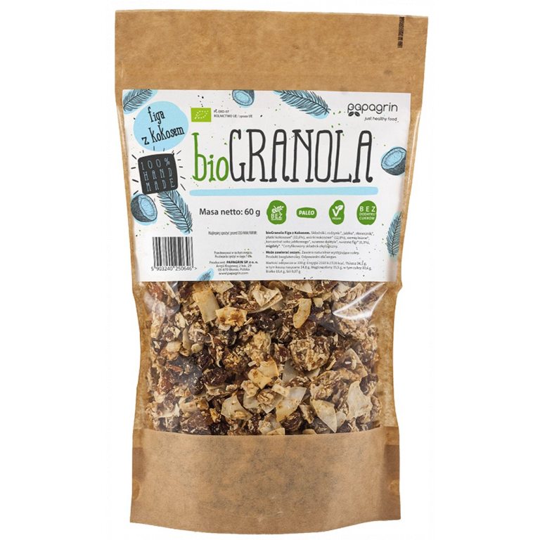 GRANOLA FIGA Z KOKOSEM BEZ DODATKU CUKRÓW BEZGLUTENOWA BIO 60 g - PAPAGRIN