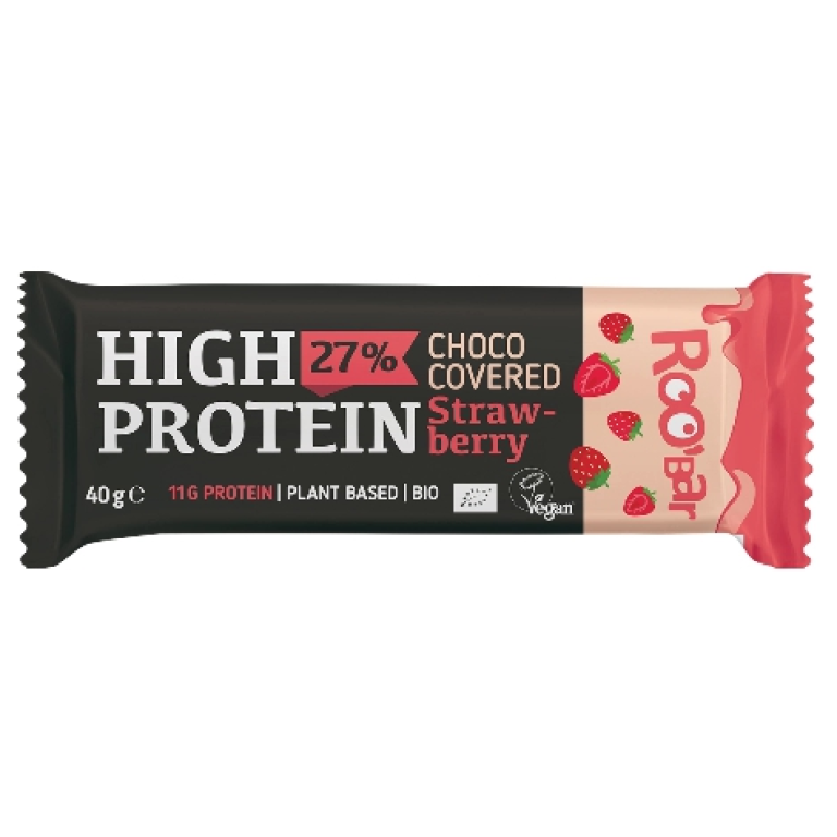 BATON PROTEINOWY TRUSKAWKOWY W POLEWIE RÓŻOWEJ BEZGLUTENOWY BIO 40 g - ROOBAR