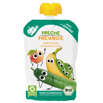 MUS JABŁKO - BANAN - SZPINAK - OGÓREK BEZ DODATKU CUKRÓW BEZGLUTENOWY OD 6 MIESIĄCA BIO 100 g - FRECHE FREUNDE
