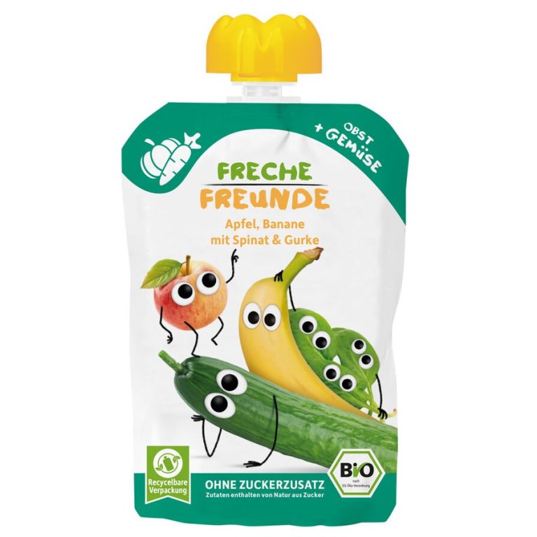 MUS JABŁKO - BANAN - SZPINAK - OGÓREK BEZ DODATKU CUKRÓW BEZGLUTENOWY OD 6 MIESIĄCA BIO 100 g - FRECHE FREUNDE