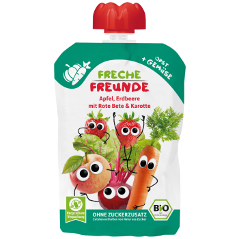 MUS JABŁKO - TRUSKAWKA - BURAK - MARCHEW BEZ DODATKU CUKRÓW BEZGLUTENOWY OD 8 MIESIĄCA BIO 100 g - FRECHE FREUNDE