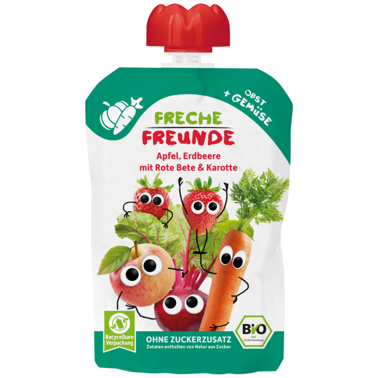 MUS JABŁKO - TRUSKAWKA - BURAK - MARCHEW BEZ DODATKU CUKRÓW BEZGLUTENOWY OD 8 MIESIĄCA BIO 100 g - FRECHE FREUNDE