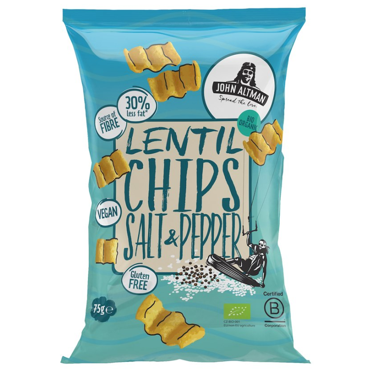 CHIPSY Z SOCZEWICY Z SOLĄ I CZARNYM PIEPRZEM BEZGLUTENOWE BIO 75 g - JOHN ALTMAN