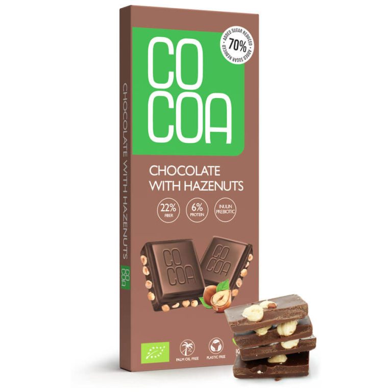 CZEKOLADA Z ORZECHAMI LASKOWYMI 70 % MNIEJ CUKRU BIO 40 g - COCOA