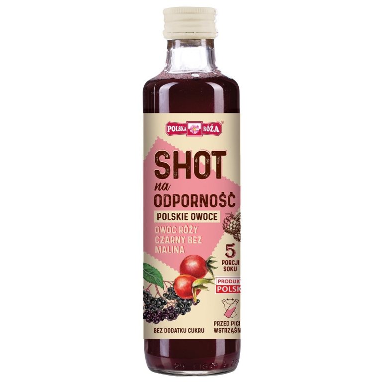 SHOT NA ODPORNOŚĆ NFC OWOC RÓŻY - CZARNY BEZ - MALINA BEZ DODATKU CUKRÓW 250 ml - POLSKA RÓŻA