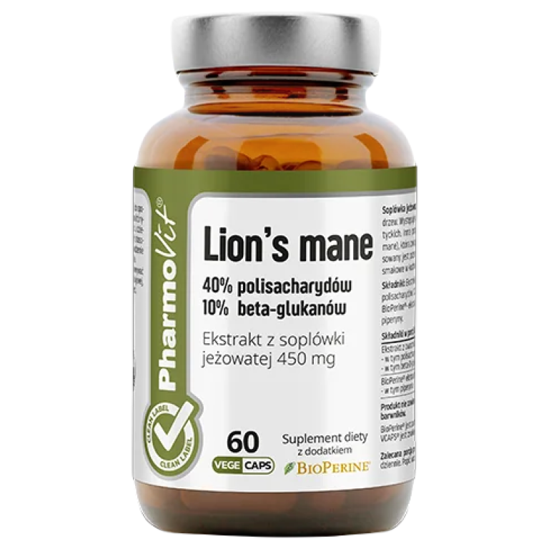GRZYBY SOPLÓWKA JEŻOWATA (LION'S MANE) EKSTRAKT (450 mg) BEZGLUTENOWY 60 KAPSUŁEK - PHARMOVIT (CLEAN LABEL)