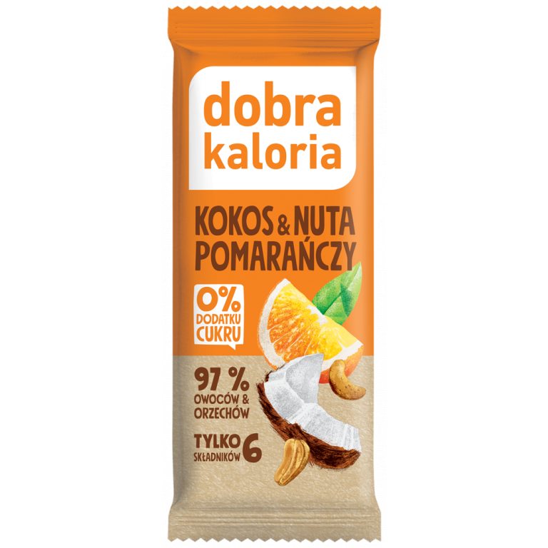 BATON DAKTYLOWY KOKOS & NUTA POMARAŃCZY BEZ DODATKU CUKRÓW 35 g - DOBRA KALORIA