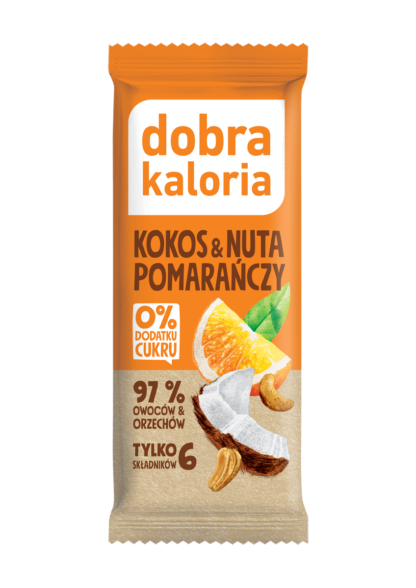 BATON DAKTYLOWY KOKOS & NUTA POMARAŃCZY BEZ DODATKU CUKRÓW 35 g - DOBRA KALORIA