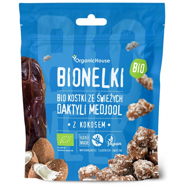 KOSTKI DAKTYLOWE Z WIÓRKAMI KOKOSOWYMI BEZGLUTENOWE BIO 50 g - ORGANICHOUSE (BIONELKI)