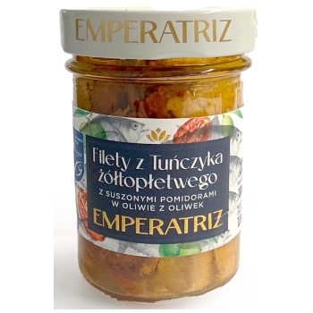 TUŃCZYK ŻÓŁTOPŁETWY FILETY MSC W OLIWIE Z OLIWEK Z SUSZONYMI POMIDORAMI 180 g (120 g) (SŁOIK) - EMPERATRIZ