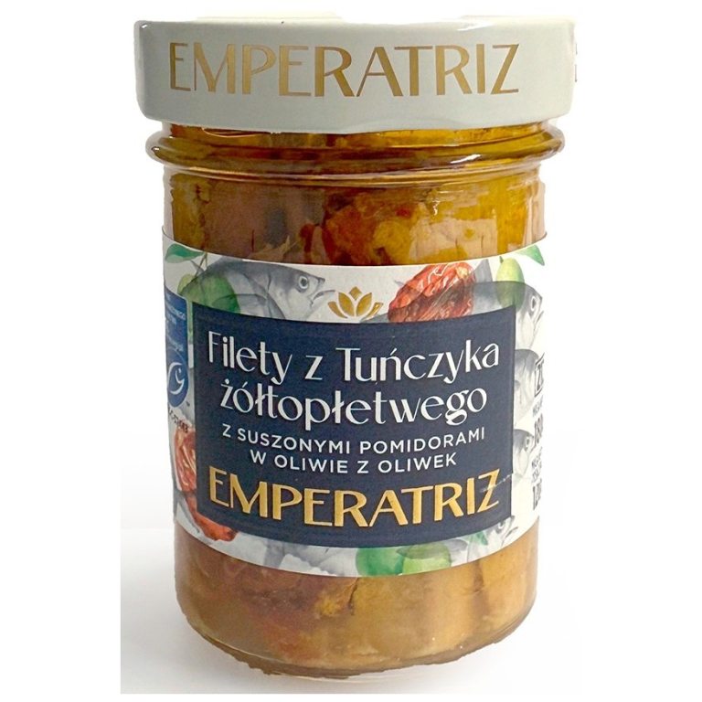 TUŃCZYK ŻÓŁTOPŁETWY FILETY MSC W OLIWIE Z OLIWEK Z SUSZONYMI POMIDORAMI 180 g (120 g) (SŁOIK) - EMPERATRIZ