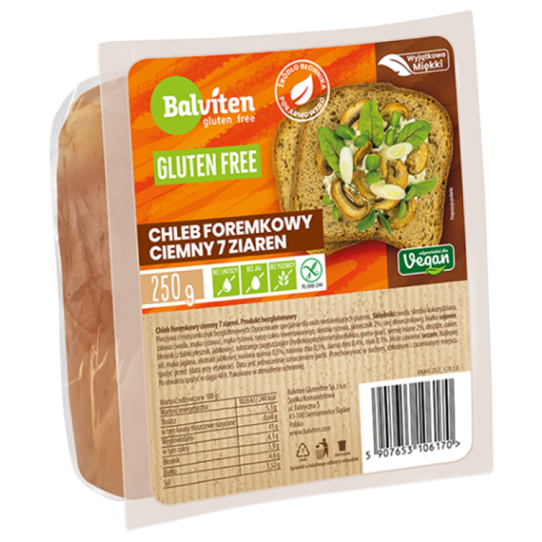 CHLEB FOREMKOWY CIEMNY 7 ZIAREN KROJONY BEZGLUTENOWY 250 g - BALVITEN