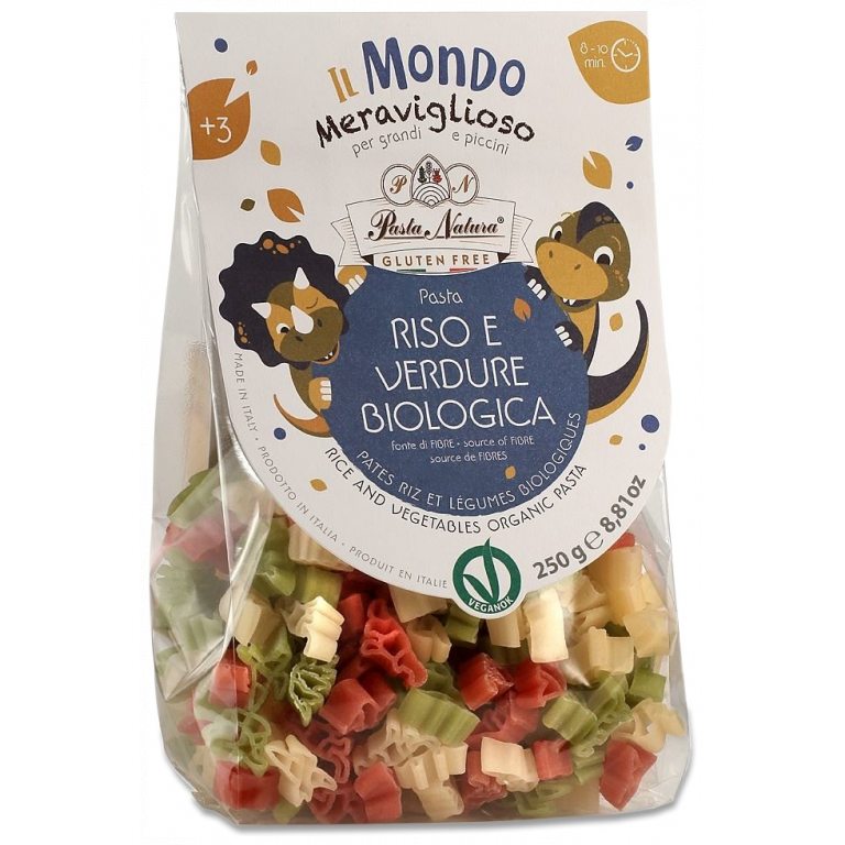 MAKARON (RYŻOWY TRÓJKOLOROWY) DLA DZIECI DINOZAURY BEZGLUTENOWY BIO 250 g - PASTA NATURA