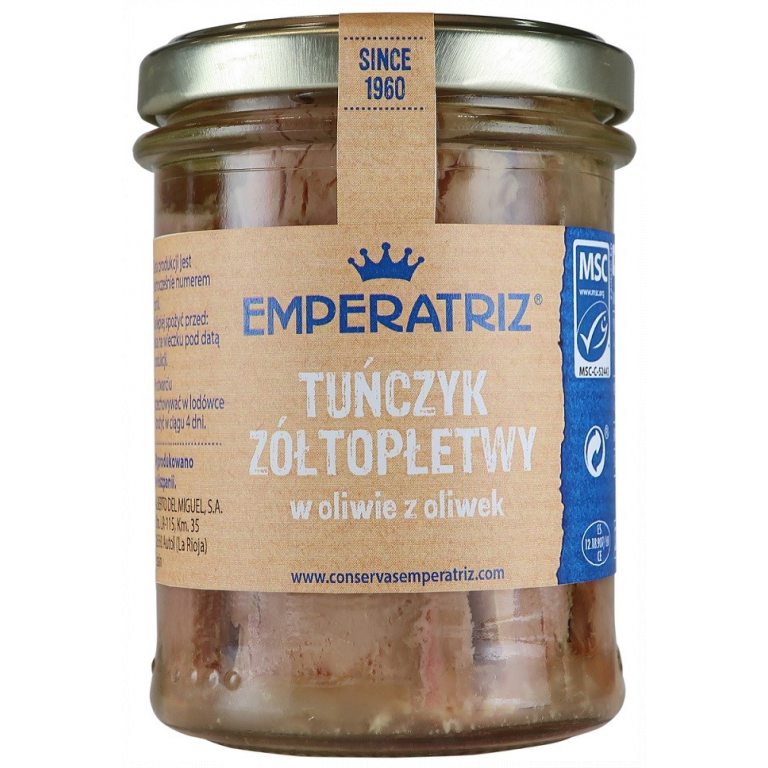 TUŃCZYK ŻÓŁTOPŁETWY FILETY MSC W OLIWIE Z OLIWEK 200 g (130 g) (SŁOIK) - EMPERATRIZ