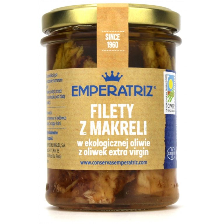 MAKRELA FILETY W BIO OLIWIE Z OLIWEK EXTRA VIRGIN 190 g (125 g) (SŁOIK) - EMPERATRIZ