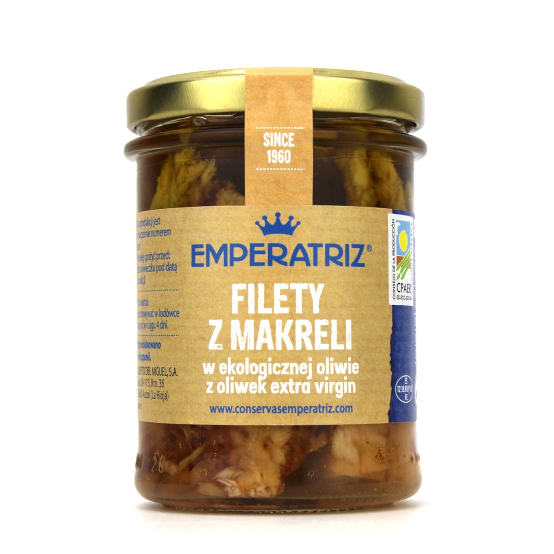 MAKRELA FILETY W BIO OLIWIE Z OLIWEK EXTRA VIRGIN 190 g (125 g) (SŁOIK) - EMPERATRIZ