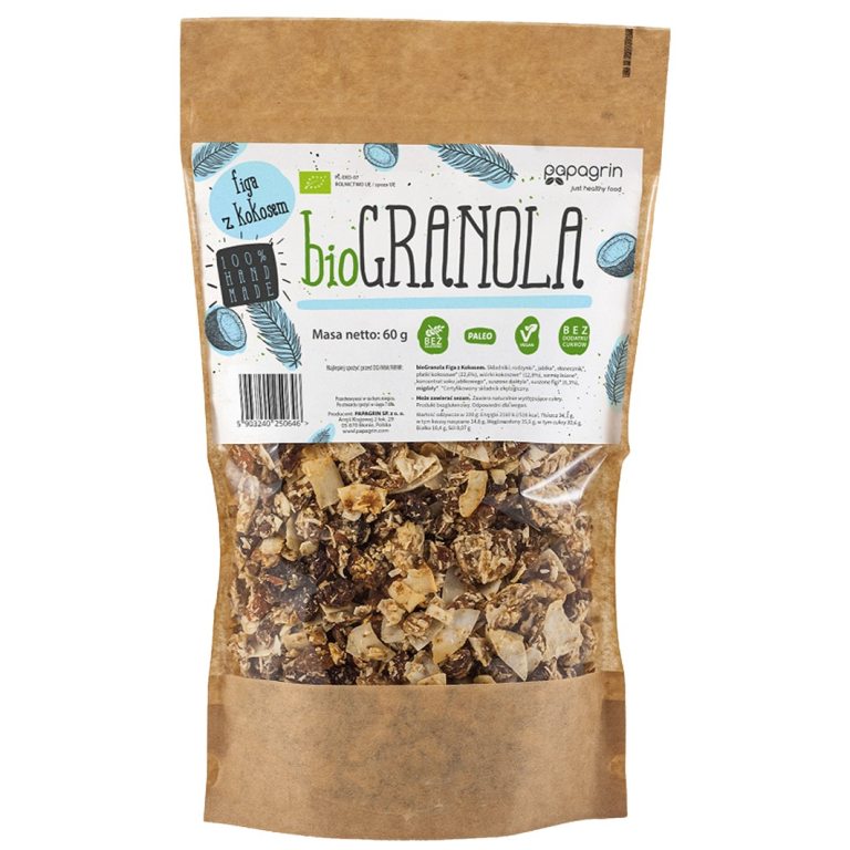 GRANOLA FIGA Z KOKOSEM BEZ DODATKU CUKRÓW BEZGLUTENOWA BIO 60 g - PAPAGRIN