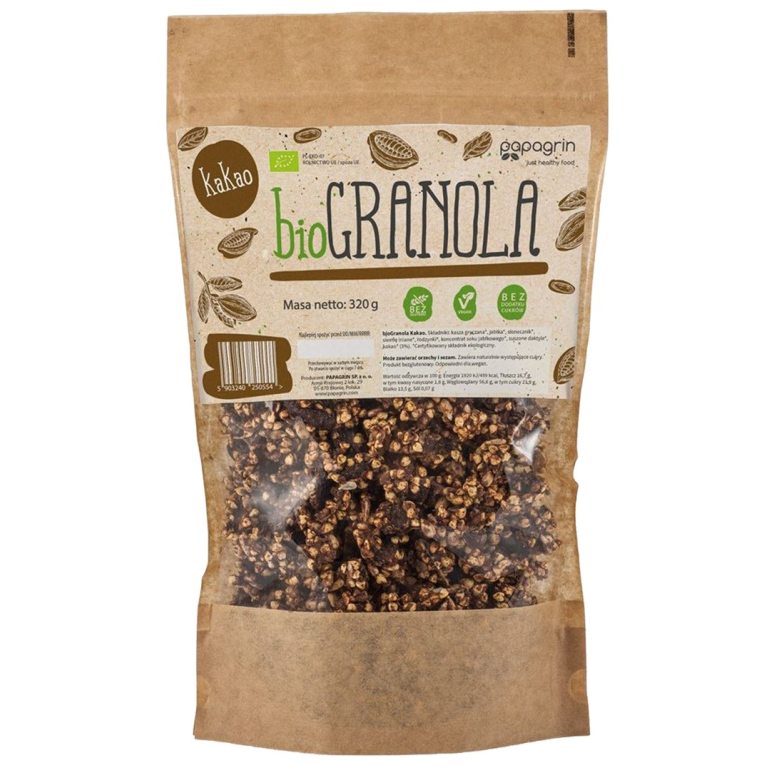 GRANOLA Z KAKAO BEZ DODATKU CUKRÓW BEZGLUTENOWA BIO 320 g - PAPAGRIN