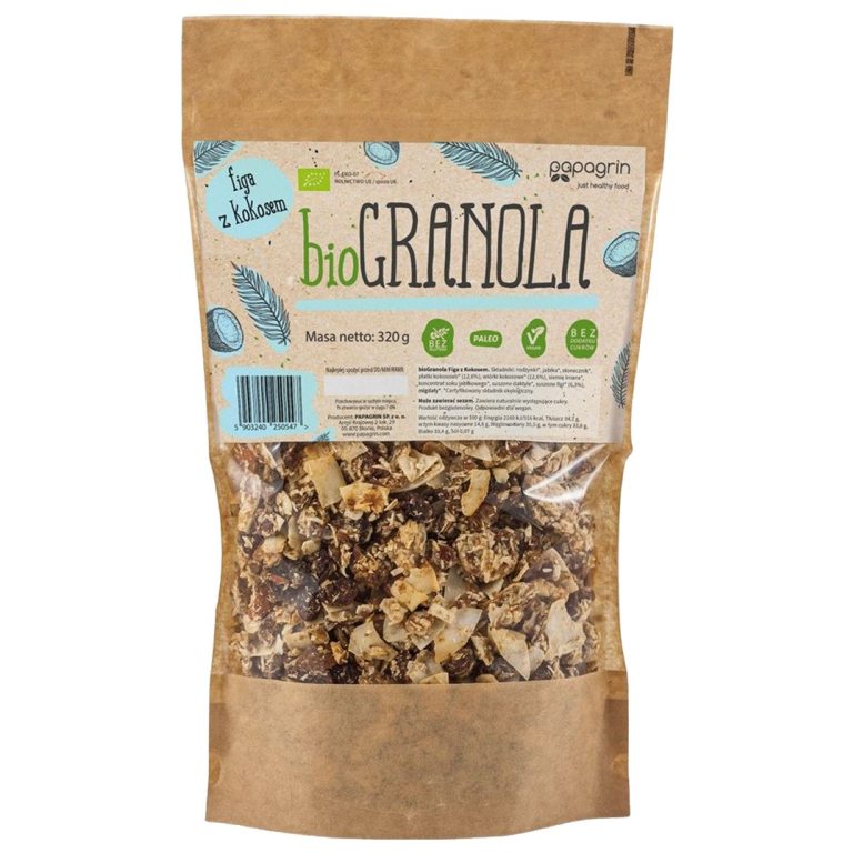 GRANOLA FIGA Z KOKOSEM BEZ DODATKU CUKRÓW BEZGLUTENOWA BIO 320 g - PAPAGRIN