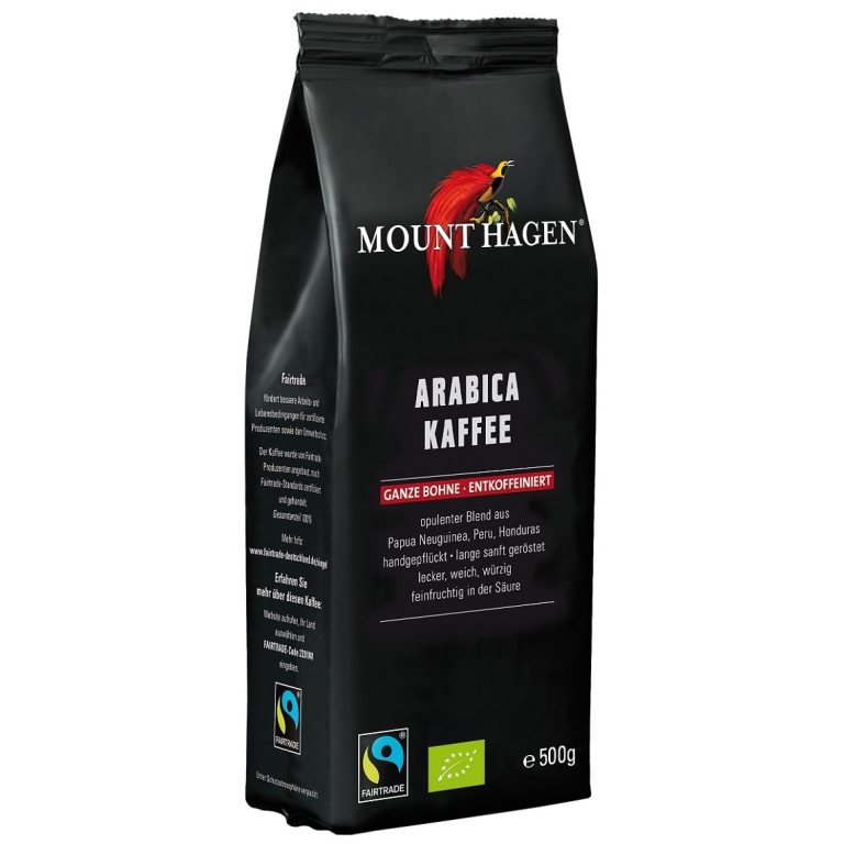 KAWA ZIARNISTA BEZKOFEINOWA ARABICA 100 % FAIR TRADE BIO 500 g - MOUNT HAGEN