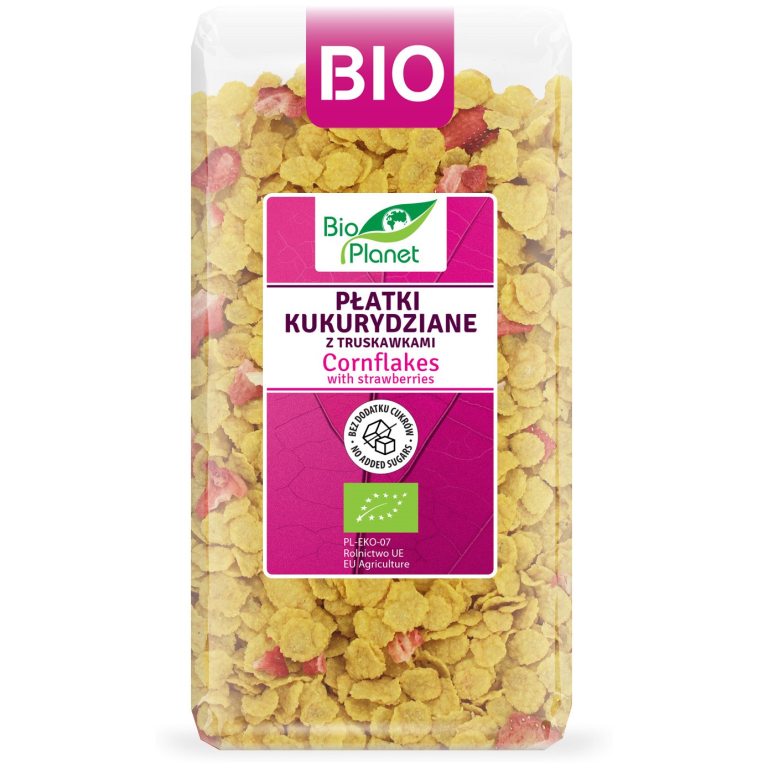 PŁATKI KUKURYDZIANE Z TRUSKAWKAMI BEZ DODATKU CUKRÓW BIO 250 g - BIO PLANET