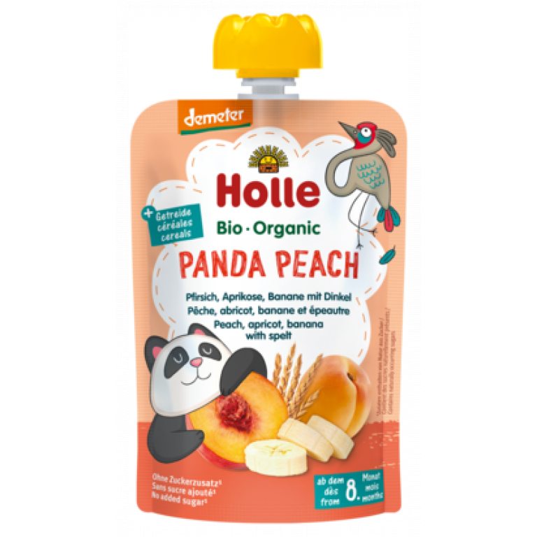 MUS W TUBCE BRZOSKWINIOWA PANDA (BRZOSKWINIA - BANAN - MORELA - ORKISZ) BEZ DODATKU CUKRÓW OD 8 MIESIĄCA DEMETER BIO 100 g - HOLLE