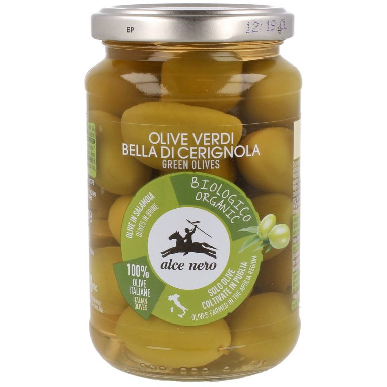 OLIWKI ZIELONE BELLA DI CERIGNOLA Z PESTKĄ W ZALEWIE BIO 350 g (180 g) - ALCE NERO