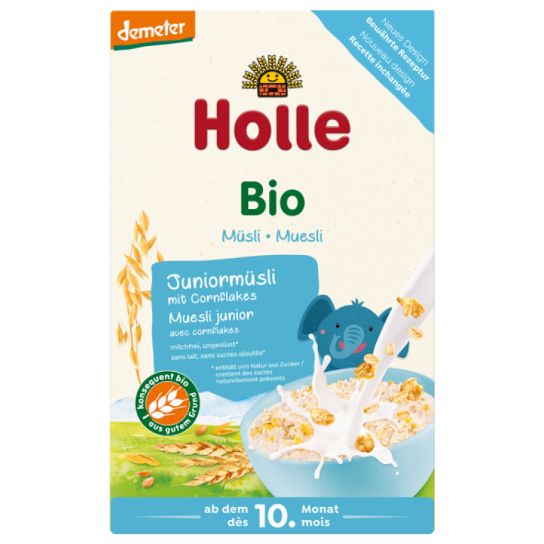 MUSLI JUNIOR Z PŁATKAMI KUKURYDZIANYMI BEZ DODATKU CUKRÓW OD 10 MIESIĄCA DEMETER BIO 250 g - HOLLE
